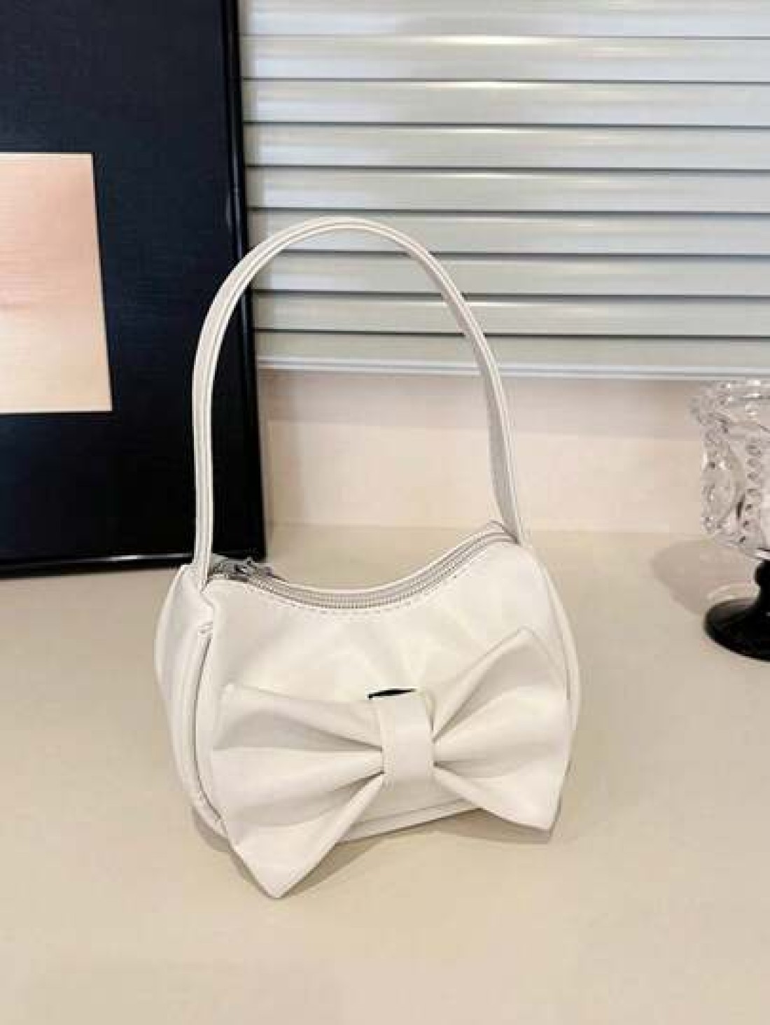 1pc Handbag Pu Zipper Opening And Closing New Style Small Elegant And Sweet Handbag Shoulder Bag Korean Style Small Bag Textured Bow Shoulder Bag Comfortable Shoulder Strap Suitable For Daily Outings