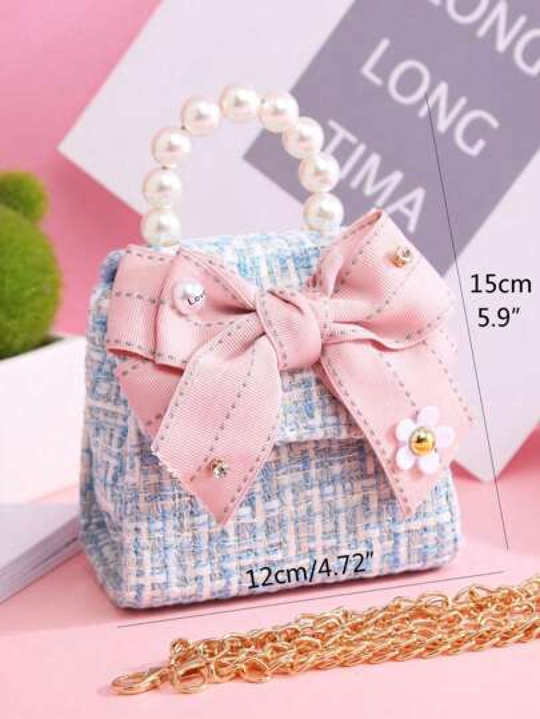 1pc Mini Girls Large Fabric Bow Letter Pearl Rhinestone Decor PU Flap Closure Metallic Chain Strap Casual Cute Pearl Handbag Children s Princess Crossbody Bag For Outings Suitable For Holidays And Dai