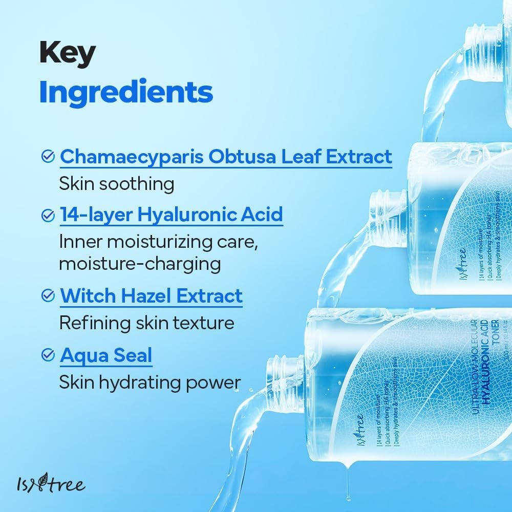 ISNTREE Ultra-Low Molecular Hyaluronic Acid Toner 300ml 10.14 fl.oz| Quick Absorbing Hyaluronic Acid Toner | Deeply hydrates and smoothens The Skin