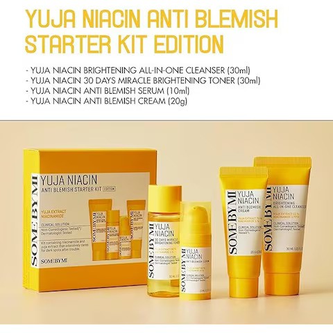 SOME BY MI Yuja Niacin Anti-Blemish Starter Kit - Includes Toner 30ml + Serum 10ml + Gel Cream 30g + Sleeping Mask 20g - For Natural Brightning of Skin - Set of 4 Travel Kit