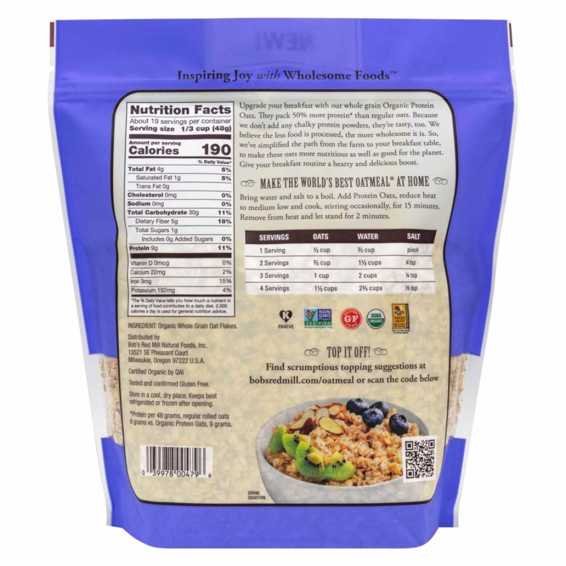Bob&#39;s Red Mill Organic Rolled Protein Oats 907g