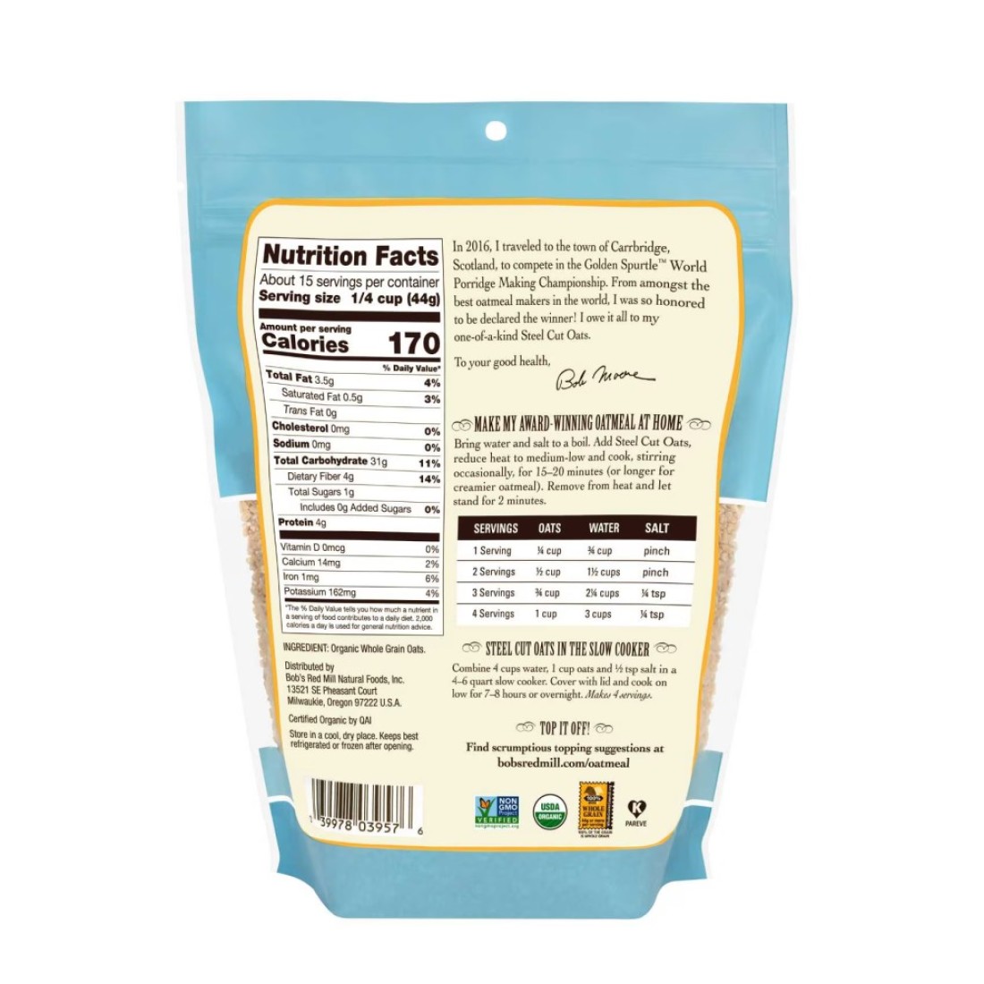 Bob&#39;s Red Mill Organic Steel Cut Oats 100% Whole Grain Irish Oats The Golden Spurtle Non-GMO 680g