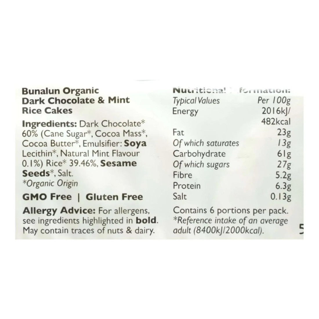 Bunalun Organic Dark Chocolate And Mint Rice Cakes 100g