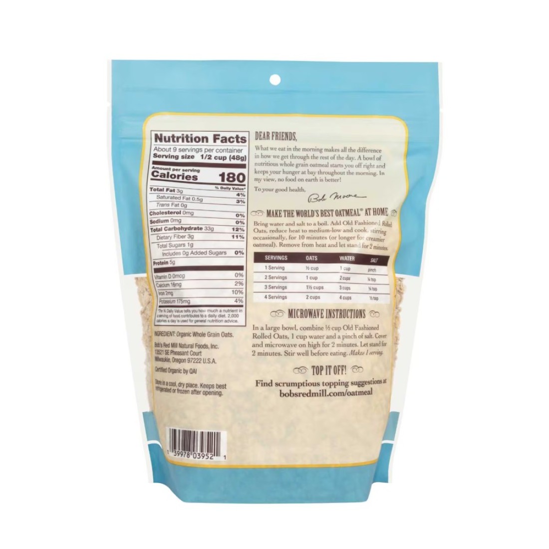 Bob&#39;s Red Mill Organic Whole Grain Old Fashioned Rolled Oats Non-GMO 454g