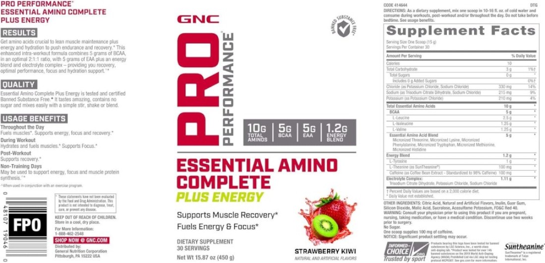 GNC Pro Performance Essential Amino Complete Plus Energy, Strawberry Kiwi, 15.9 oz, Supports Muscle Recovery