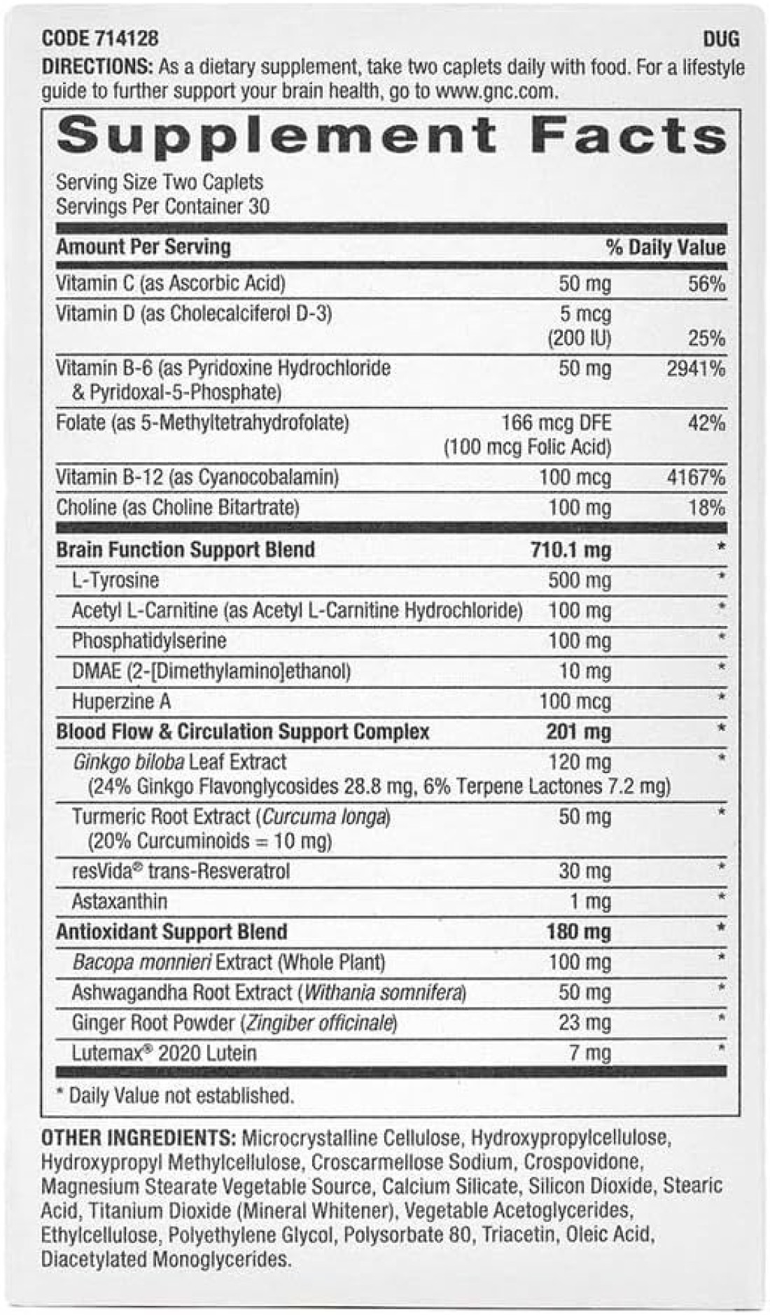 GNC Preventive Nutrition Brain Health Formula, 60 Caplets, Supports Memory Function and Enhances Circulation