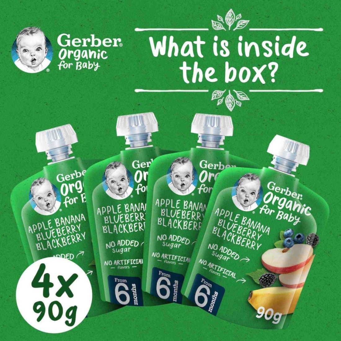 Gerber Organic with Apple, Banana, Blueberry and Blackberry, 90g, Pack of 4