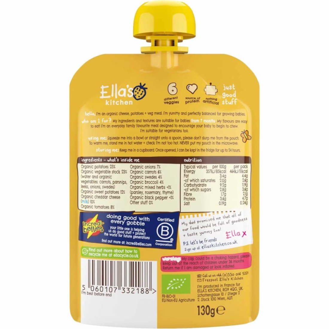 Ella&#39;s Kitchen Organic Cheesy Pie with 6 Different Veggies, 7+ Months Baby Food, Gluten &amp; Dairy Free 130g