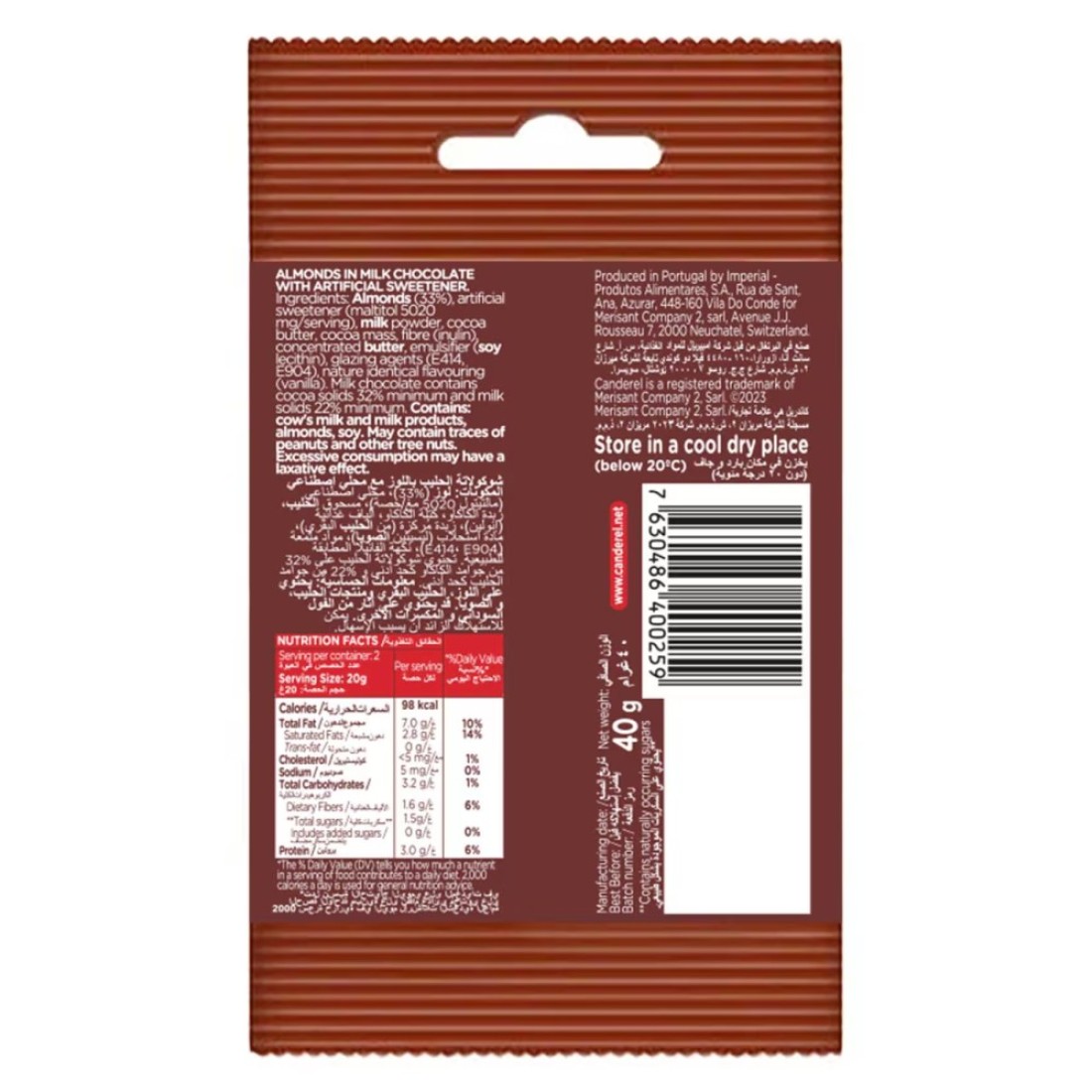 Canderel Choco Almonds Milk Chocolate No Added Sugar Bar 40g