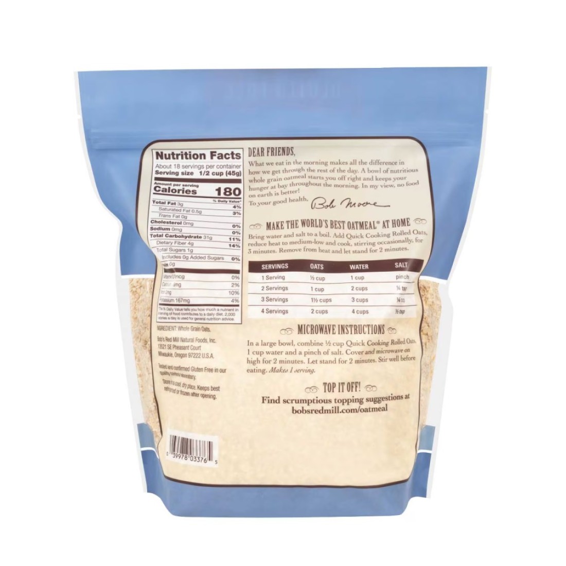 Bob&#39;s Red Mill Rolled Oats Quick Cooking Gluten Free Non-GMO 794g