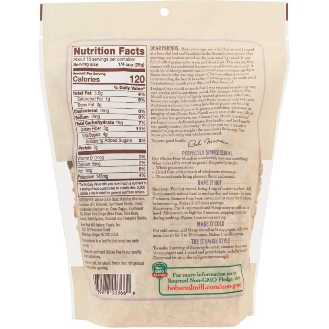 Bob&#39;s Red Mill Gluten Free Muesli Hot or Cold Cereal Non-GMO 453g