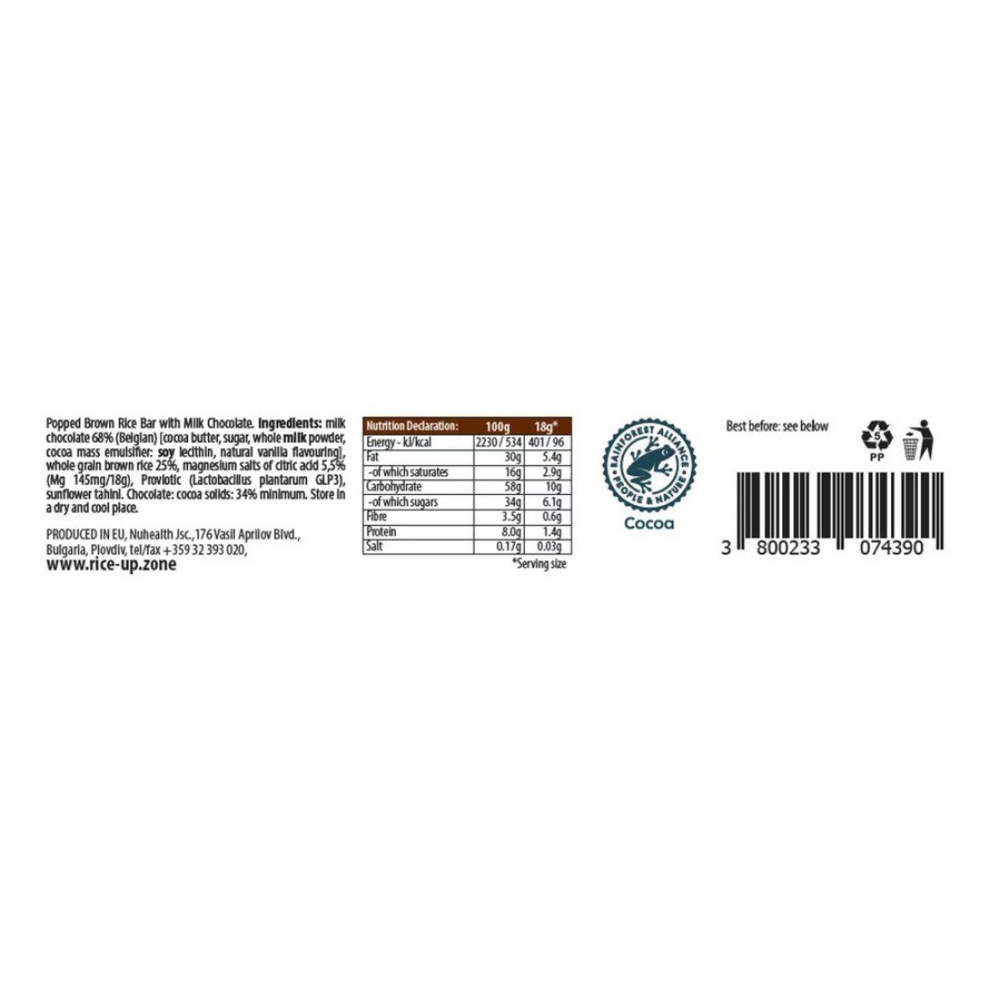 Rice Up! Brown Rice Bar Milk Chocolate 18g