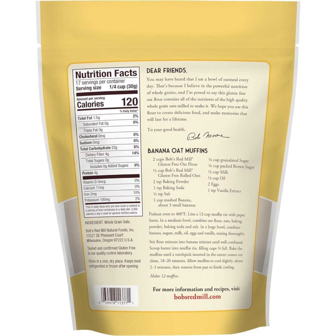 Bob&#39;s Red Mill Gluten Free Oat Flour Whole Grain Non-GMO510g