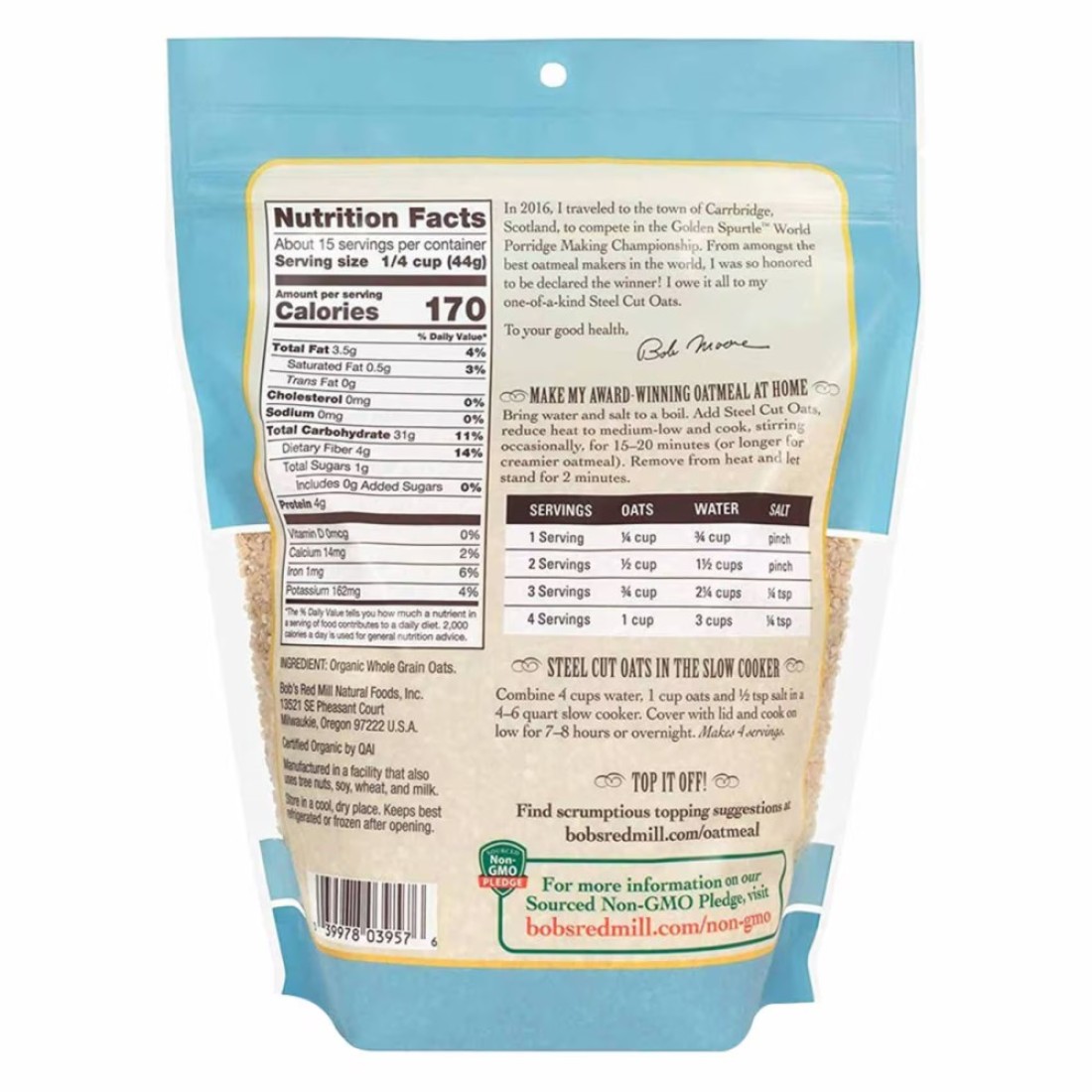 Bob&#39;s Red Mill Gluten Free Steel Cut Oats Whole Grain Non-GMO 680g