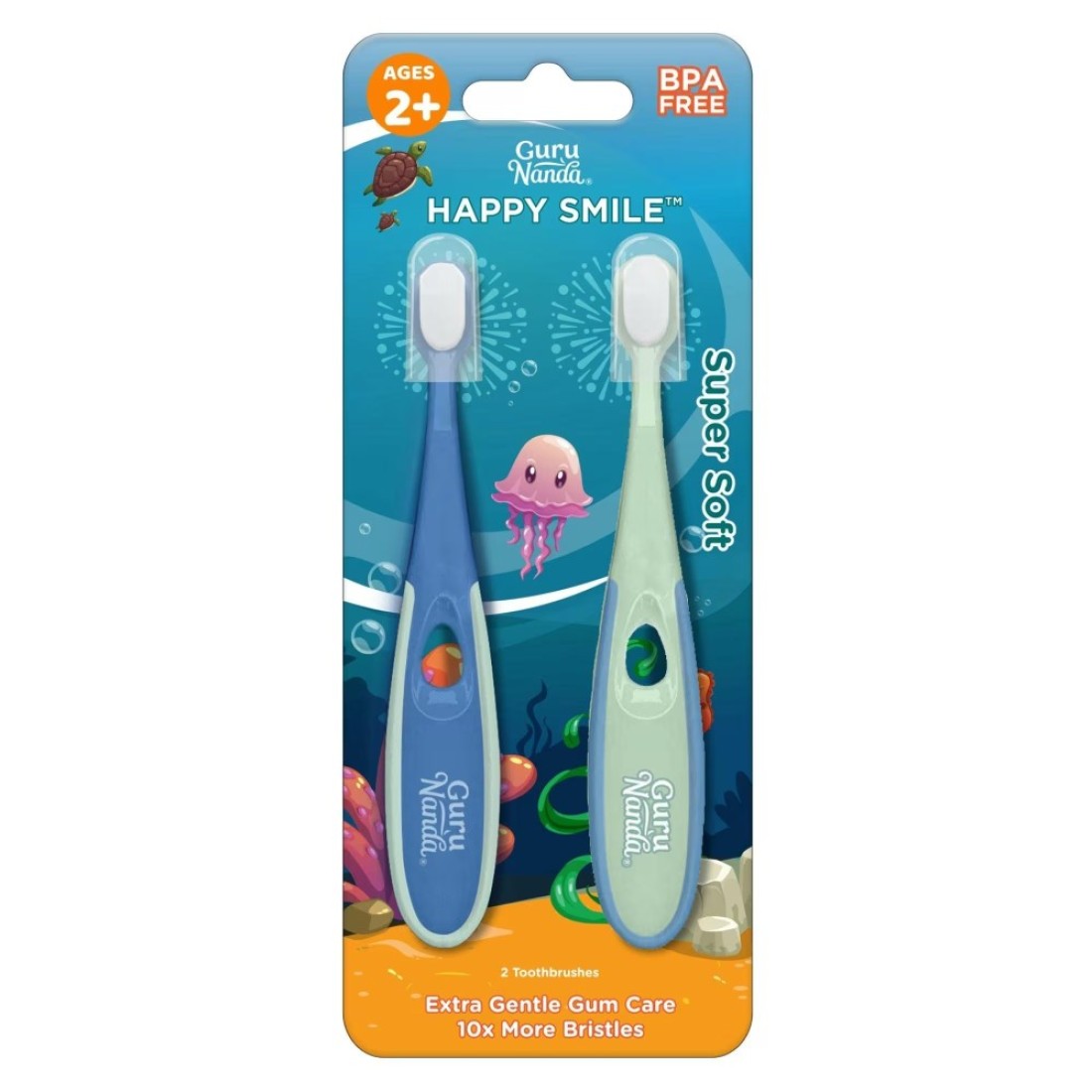 GuruNanda Butter on Gums Toddler Toothbrush with Sand Timer Extra Soft Bristles for Kids Age 2 Toothbrush with Tongue Cleaner Brush Cap 2 Pack