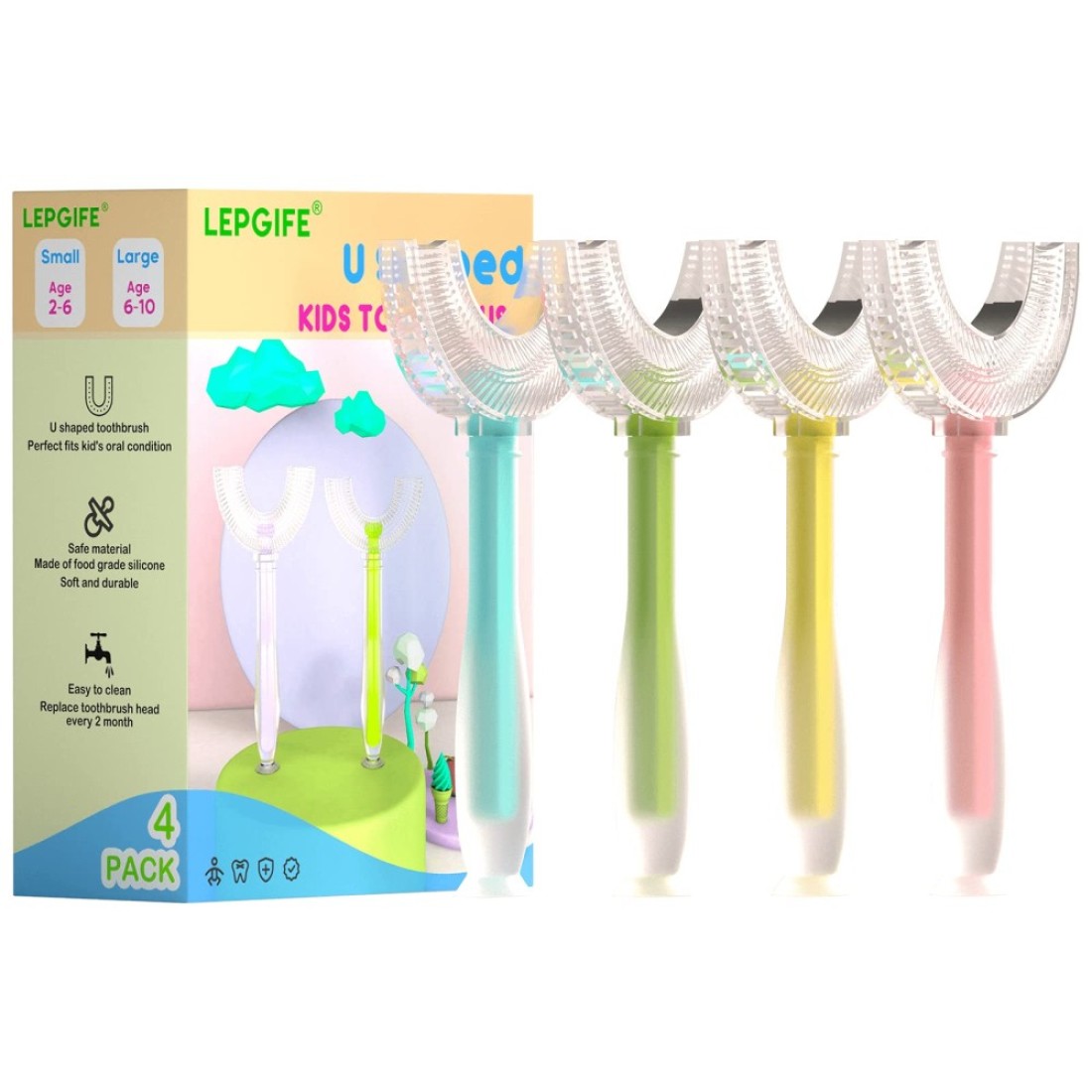 LEPGIFE U Shaped Kids Toothbrush 4 Pack UType Whole Mouth Toothbrush for Kids Age 610