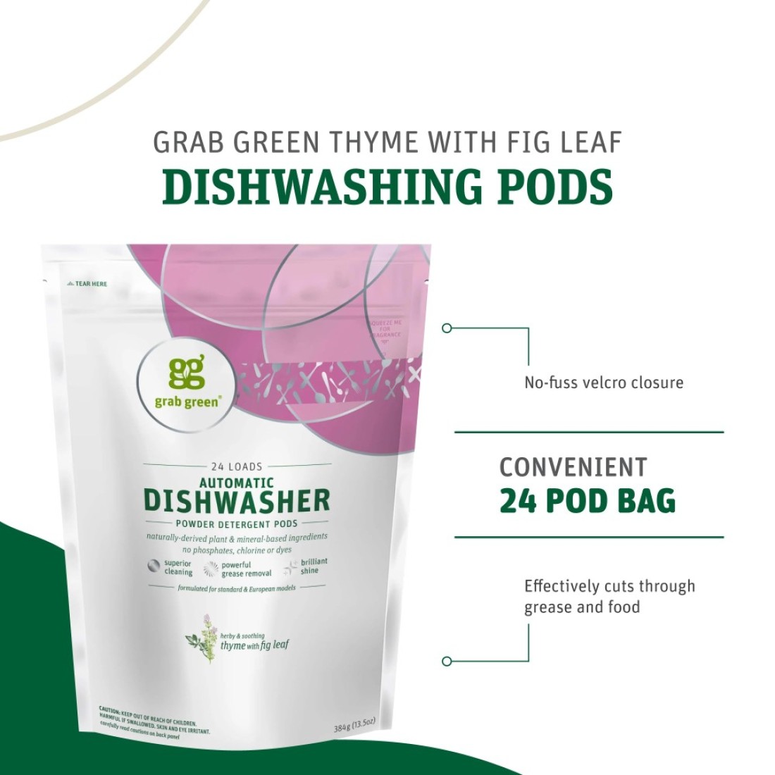 Grab Green Automatic Dishwashing Detergent Pods 24 Count Thyme Fig Leaf Scent Plant and Mineral Based Superior Cleaning Powerful Grease Removal