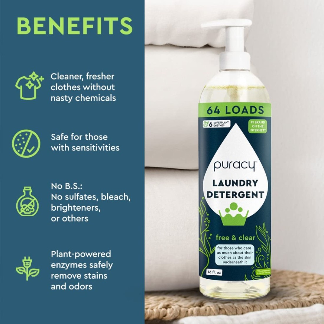 PuracyLiquid Enzyme Laundry Detergent 14 Dioxane Free Natural ScentFree Gentle Laundry Detergent Liquid Concentrate Laundry Pouch with Stain Fighting Enzymes Free Clear 16 fl oz 64 Loads