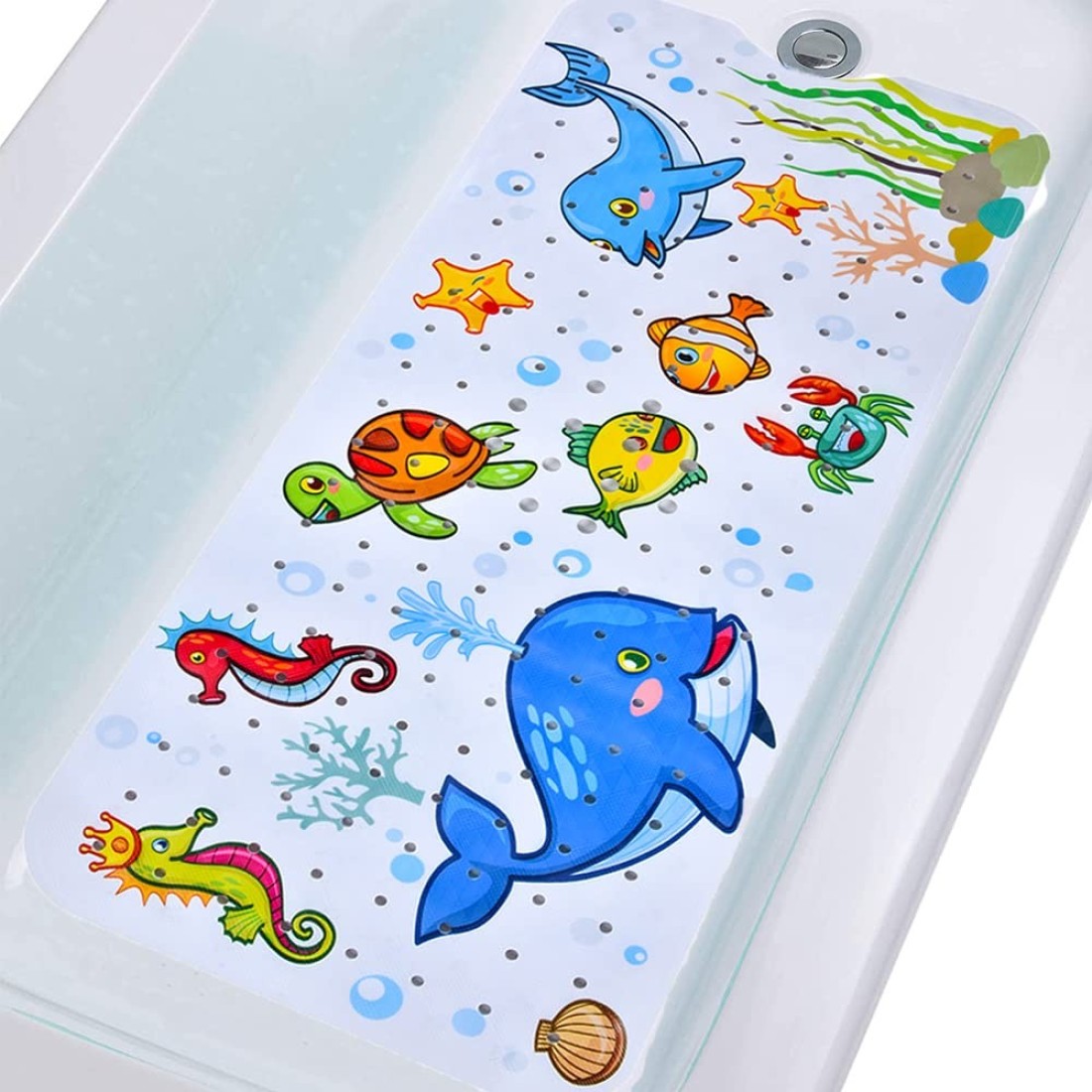 Tubozadi Baby Bath Mat for Tub Kids Non Slip Bathtub Mats Baby Extra Long 40X16 Inch Bathroom Toddler Anti Slip Shower Mat with Suction Cups Drain HolesMachine WashableWhale
