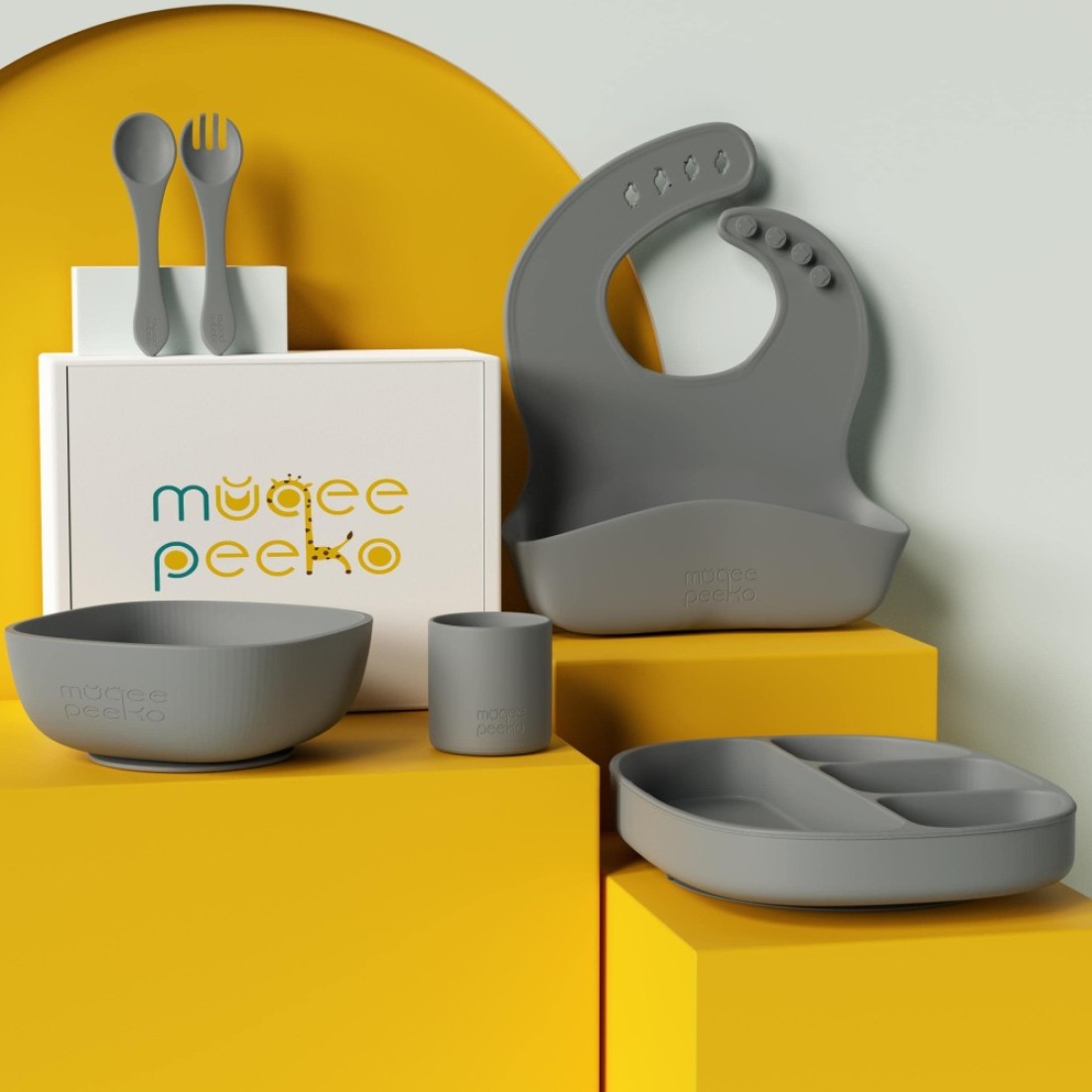 Muqee Peeko Baby Feeding Set 6 Piece Pebble Gray Includes Suction Bowl Plate Silicone Bib Spoon Fork for Toddlers Kids Dinnerware