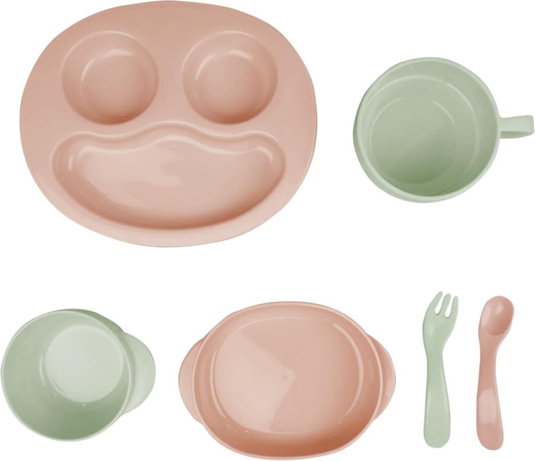 Inochi Amori Baby Feeding Set, Self Feeding For Toddlers &amp; Kids, Toddler Cutlery Kit, Reusable Odorless BPA Free, Dishwasher &amp; Microwave Safe, Plate Bowl Spoon Fork Cup, Milky Orange + Tea Green 6pcs