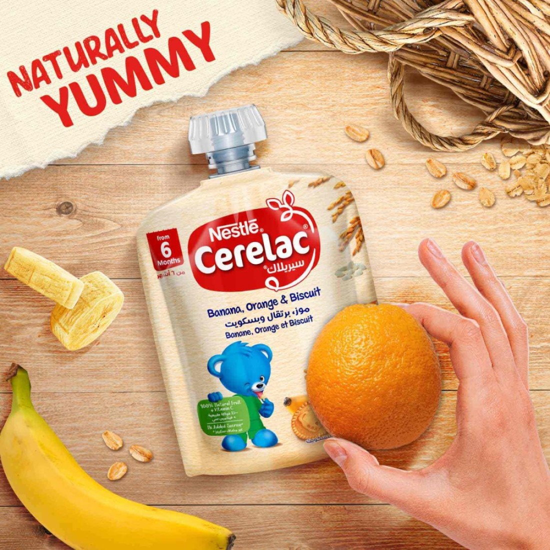 Nestle Cerelac Fruits Puree Pouch, Banana, Orange, Biscuit, from 6 Months, 90g