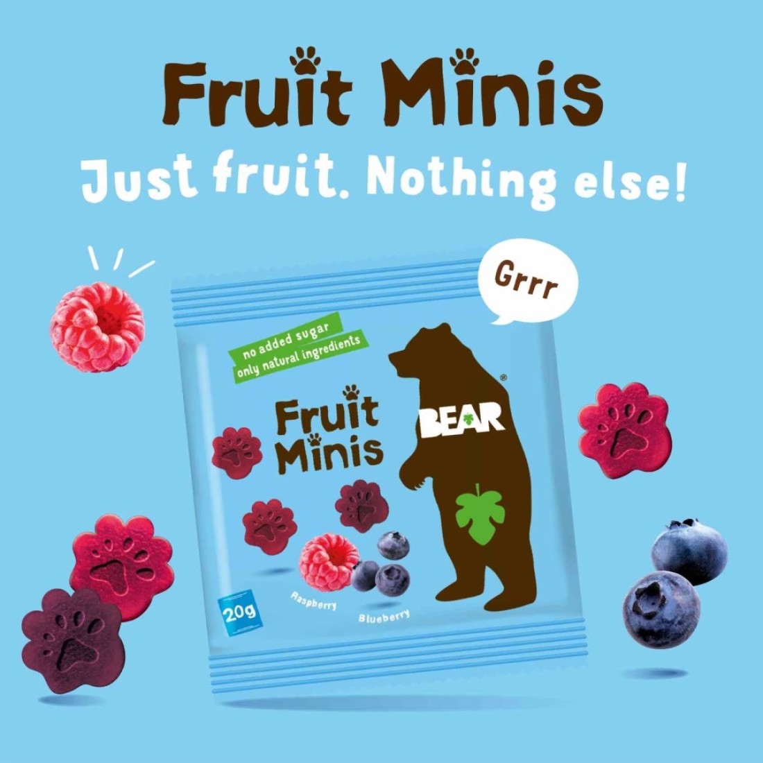 Bear Paws Raspberry And Blueberry Pure Fruit Snacks 20g
