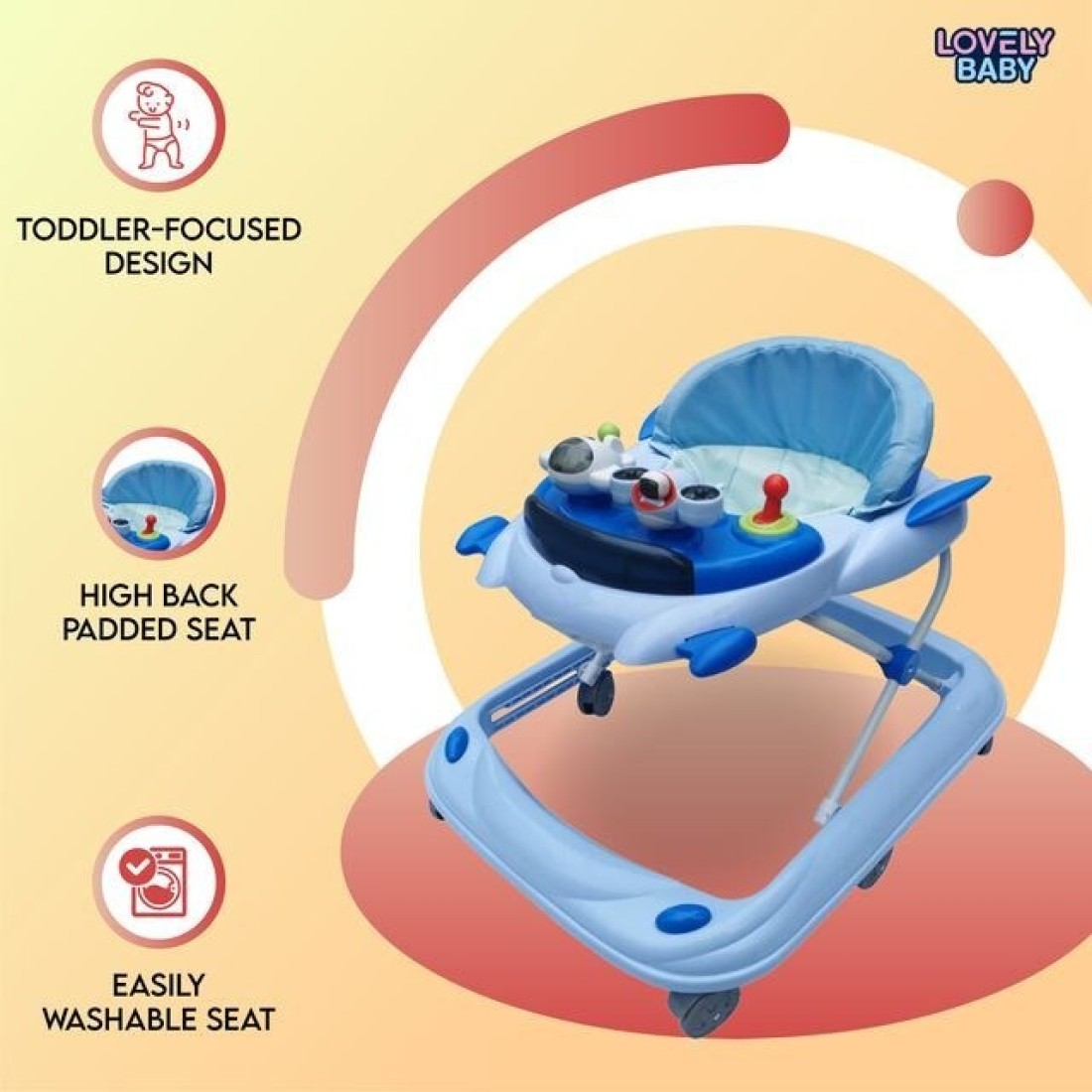 Lovely Baby Foldable Kids Walker BW10 with Adjustable Height, Musical Toys, Rotating Wheels, Comfortable &amp; Safe Activity Walker for Toddlers, Small Infant Boy Girl 6-18 months - Blue