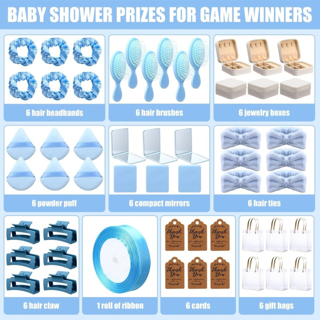 6 Sets Baby Shower Prizes for Winners Gifts Headband Hair Brush Jewelry Box Compact Mirror Powder Puff Hair Tie Claw Gift Bag Bridal Shower(Blue)