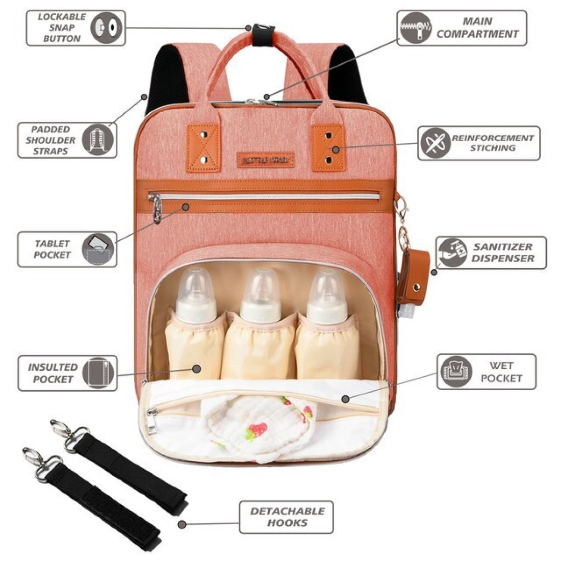 Little Story 2in1 Diaper Bag w / Sanitizer Bottle keychain &amp; Stroller Hooks - Pink