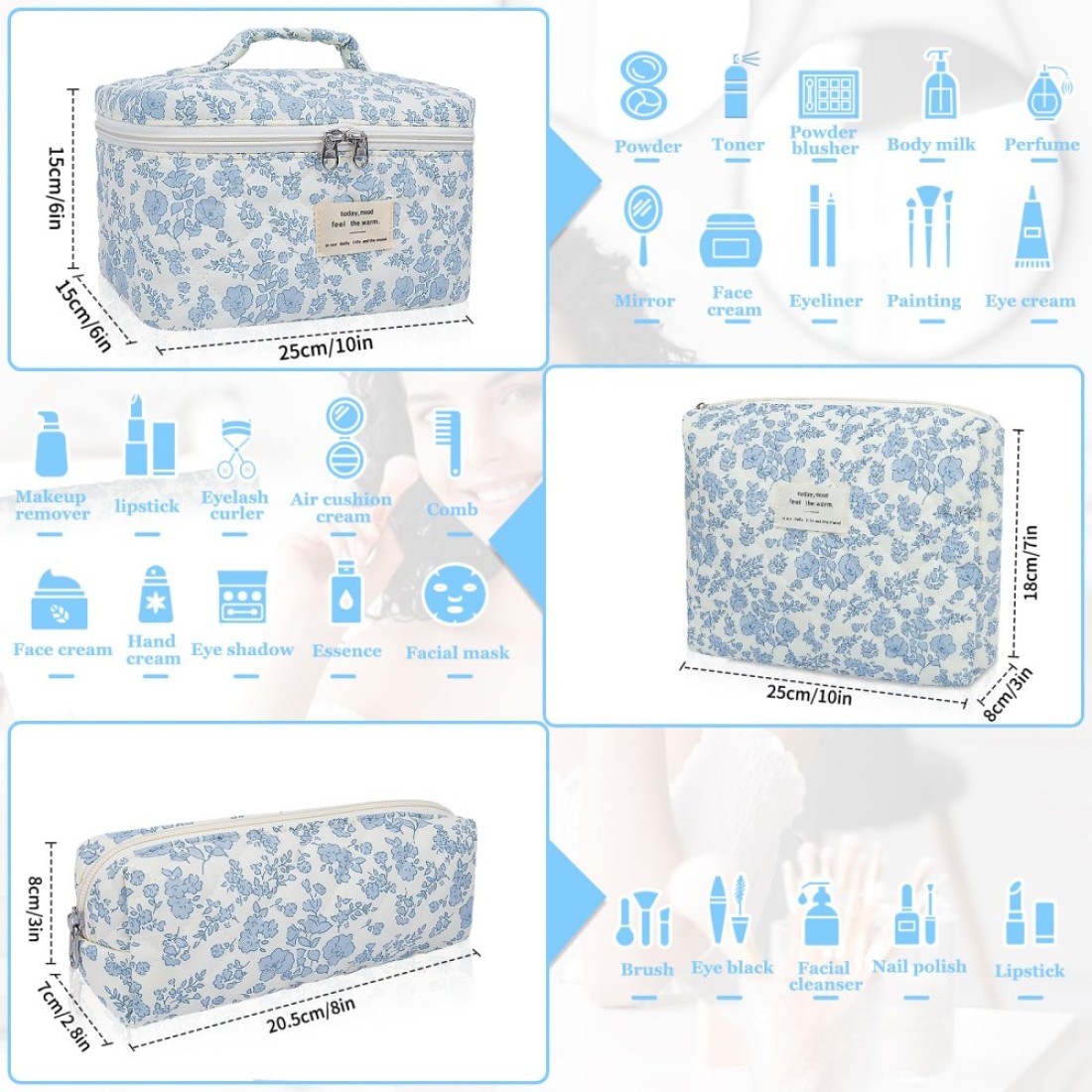 Makeup Bag Set Quilted Makeup Bag Large Floral Cosmetic Bag for Women Cute Cotton Makeup Bags Flower Travel Toiletry Organizer Bag