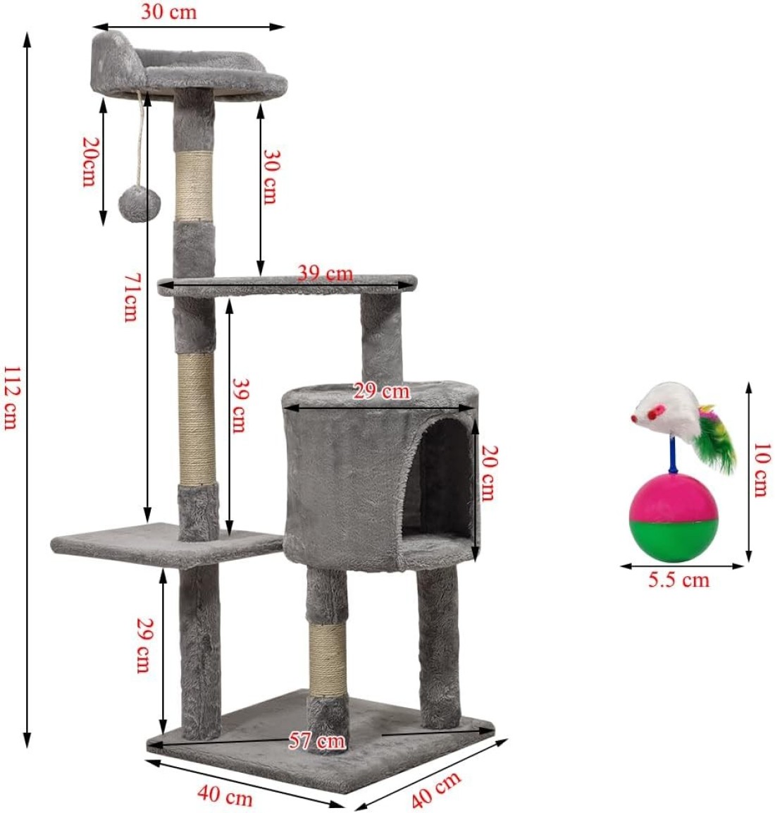 Multi-layer cat tree with Mice balance swing tumbler ball, Interactive toy ball, Indoor cat tree tower with Soft fabric condo, Top perch, and Sisal scratch post, Cat activity tower 112 cm (Grey)