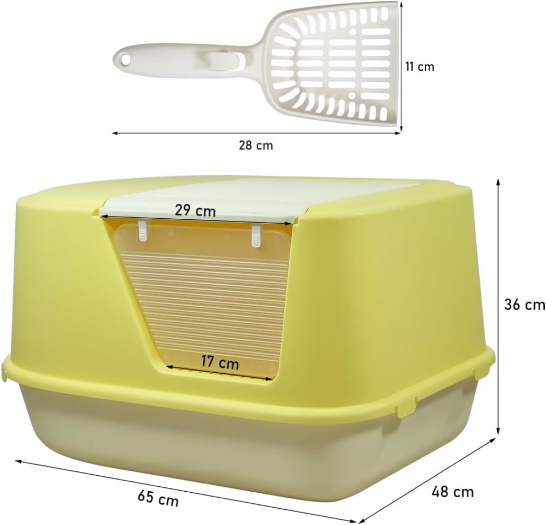Fully enclosed cat litter box with Transparent door, Litter scoop, and Sand drop pedal, Spacious &amp; Splash-proof design cat toilet for indoor cats, Odor-resistant 65 cm (Yellow)