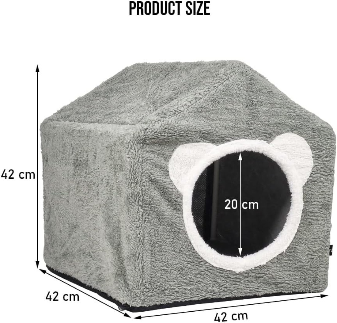 House-design cat shelter with a removable soft mat, Indoor cat bed for medium to large sized cats, Detachable, Easy to cleans and assemble, Anti-slip bottom 42 cm (Grey)