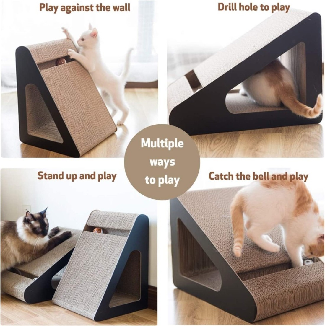 Vsell24 Vertical Triangle Cat Scratch Board Incline Scratching Mat Posts Pad With Multiple Scratching Angles Recyclable Corrugated Cardboard With Toy Balls Catnip 38X24X26Cm