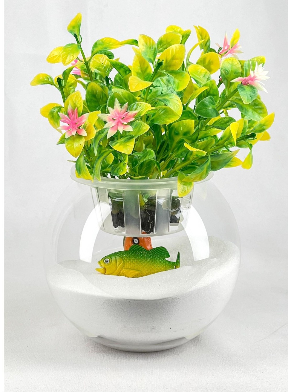 Glass Aquarium Bowl 6-Inch with Integrated Decorative Plant Holder with Lid (Large)