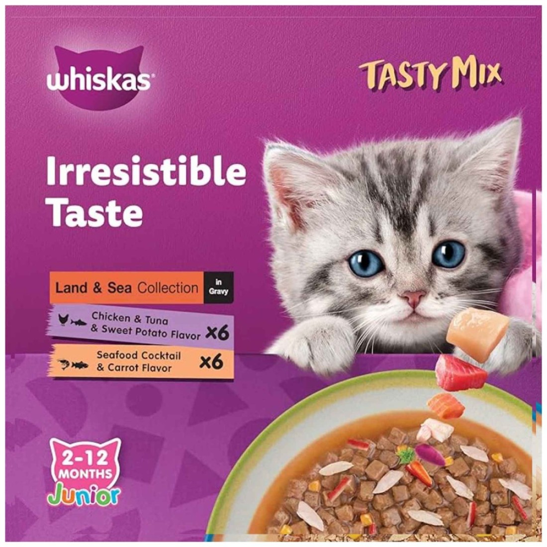 Whiskas Tasty Mix of Land and Sea Collection in Gravy Food for Cats, 2 to 12 Months, 70g Pack of 12