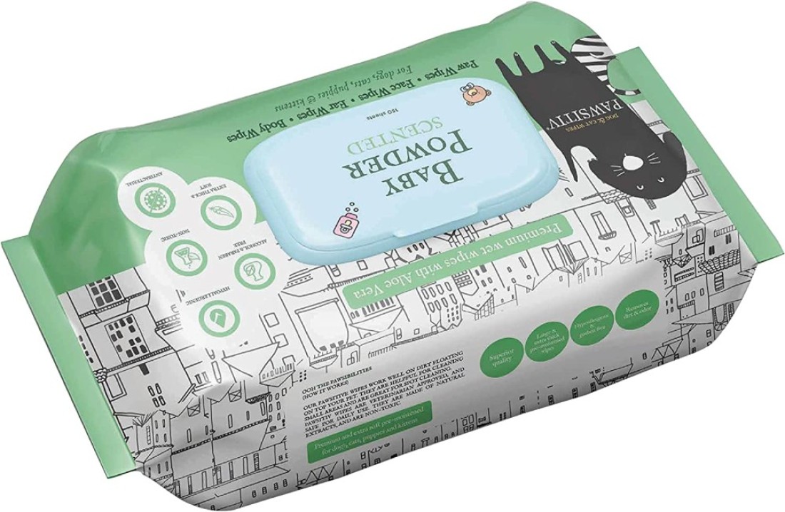 Pawsitiv Grooming Pet Wipes with Aloe Vera for Dogs, Puppies, Cats and Kittens - Hypoallergenic, Paraben and Alcohol Free - 150sheets - Baby Powder Scent