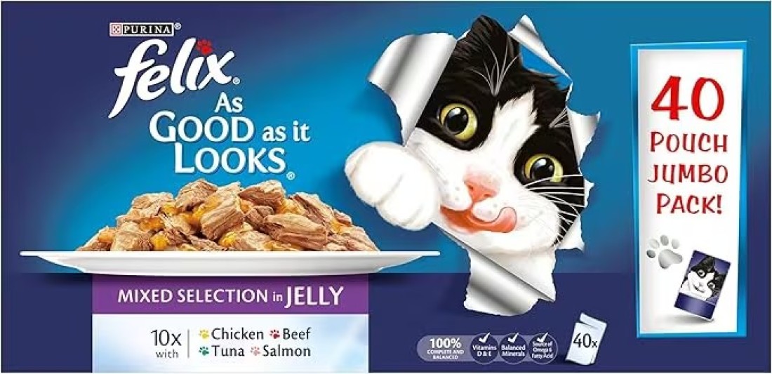 Felix As Good As It Looks Mixed Selection In Jelly Cat Food, 40 Pouch Jumbo Pack with Salmon, Chicken, Beef and Tuna 40 x100g,