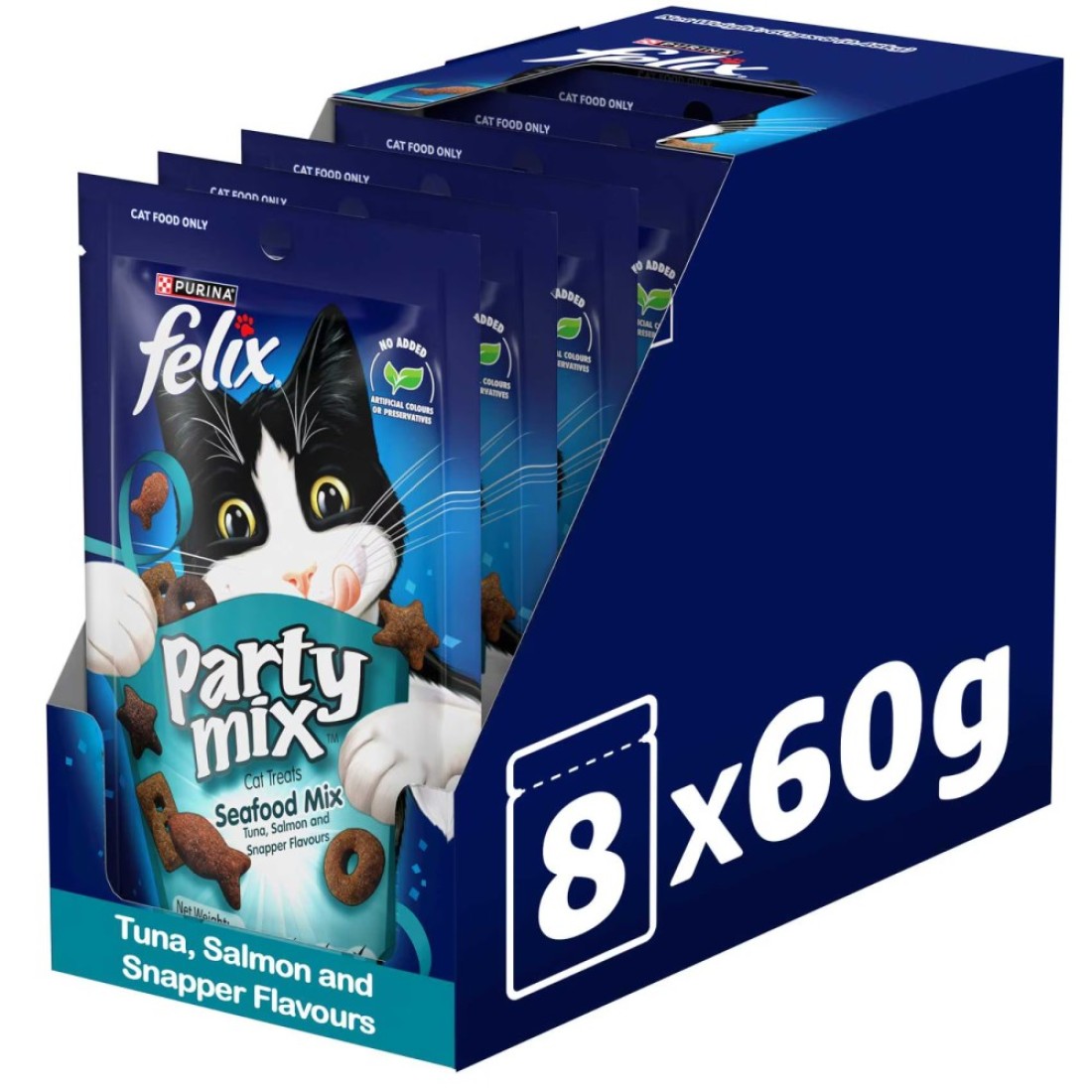 Purina Felix Party Mix Seafood Mix Dry Cat Treats, 60g Pack of 8