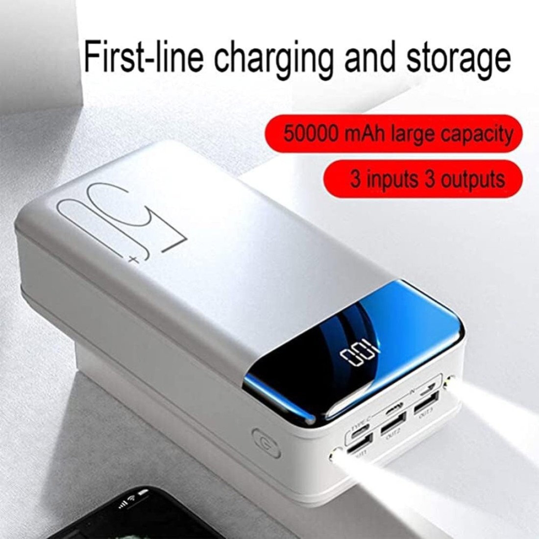 باور بانك 50000 مللي أمبير شحن سريع مع شاشة LED، شاحن محمول عالي السعة، 3 مخارج USB ومصباح يدوي، متوافق مع iPhone وSamsung وXiaomi وHuawei والأجهزة اللوحية والمزيد