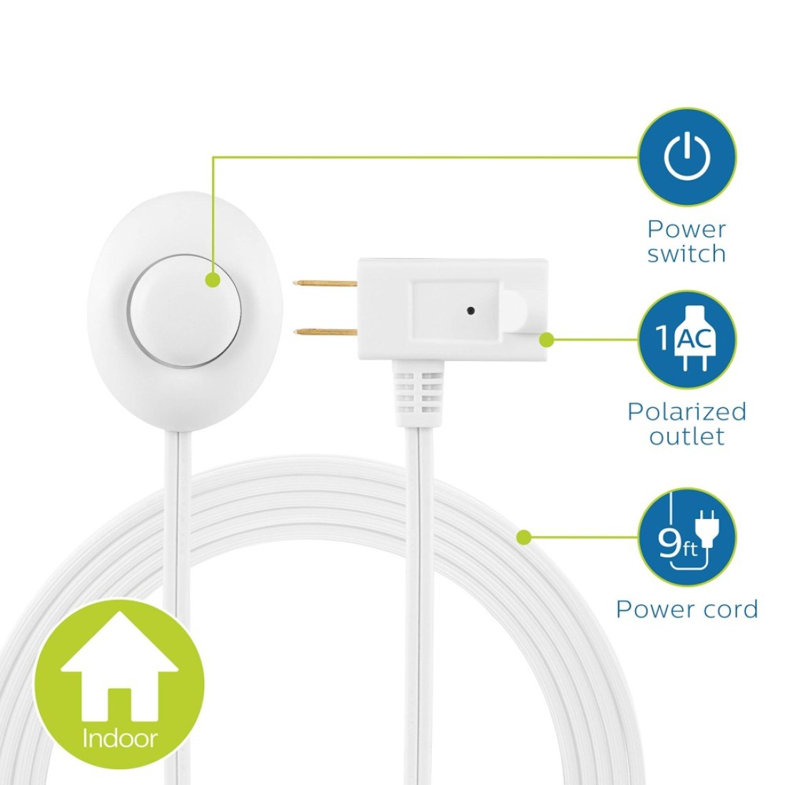 Philips Plugin Footswitch 9 Ft 1Outlet Flat Plug Extension Cord Flat Extension Cord with Switch ONOff 2 Prong Extension Cord 120V Long Extension Cord 1 Pack White 1 Pack SPS1036WF37