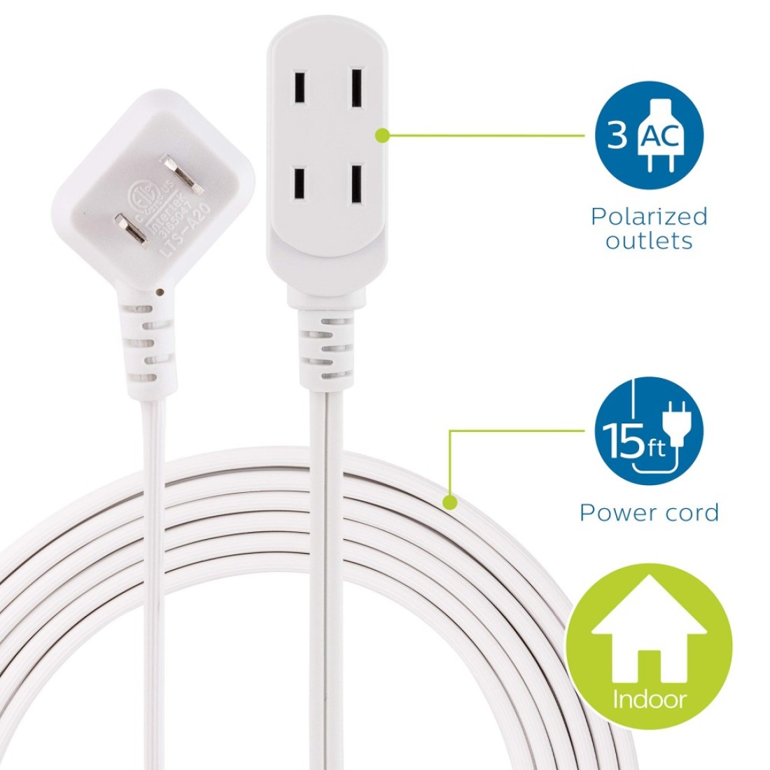 Philips Extension Cord 15 Ft 3Outlet Flat Plug Extension Cord Flat Extension Cord with Multiple Outlets 2 Prong Extension Cord Safety Slide Long Extension Cord 1 Pack White SPS1032WE27