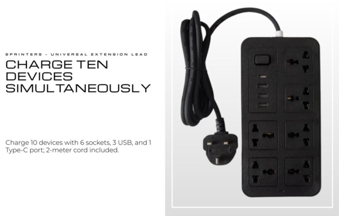 Sprinters - Universal Extension Socket 2 Meter Wire 6 AC Outlets 3 USB Ports 1 USB-C Port UK Plug 3 Pin Socket Outlet Surge Protector Power Strip for Home, Office, and Electronics (Black)