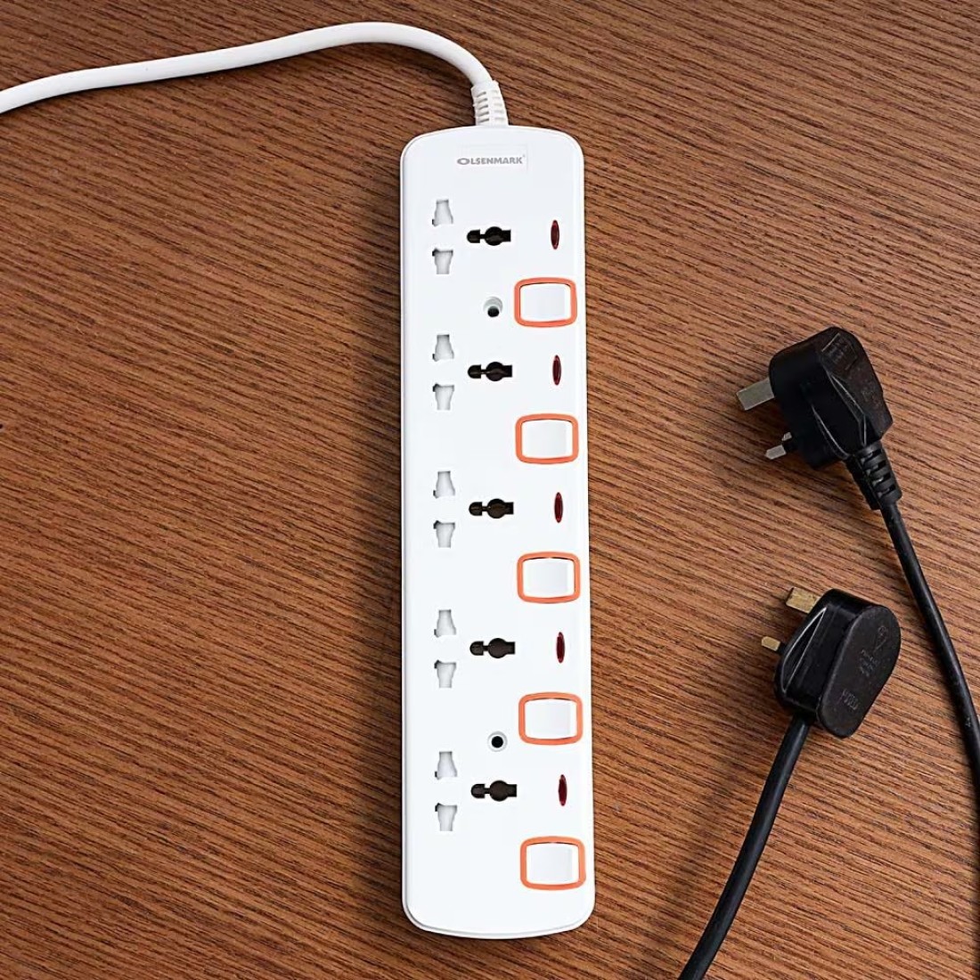 Olsenmark 5 Way Power Socket with Individual Switches- OMES1729D/ Equipped with PP Fire Proof Housing, Copper Parts, and Child Safety Shutter/ 3-meter Extension Cord, Ideal for Home, Office,