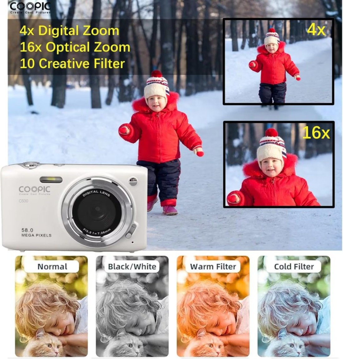 COOPIC C600 White HD Digital Camera with 16GB SD Card, 58MP, 4K Video, Ideal for Travel, Vlogging, and Creative Photography