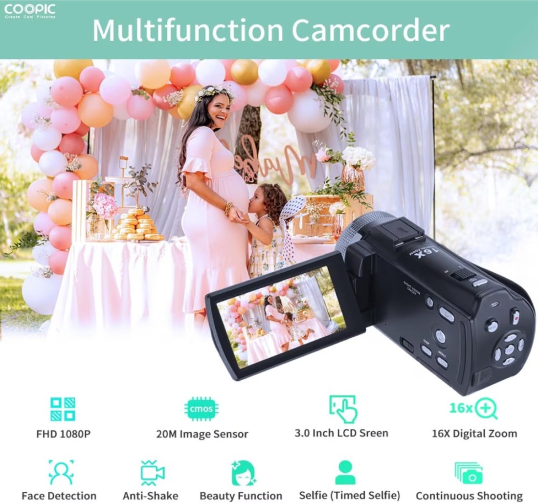 COOPIC V1000 3&rsquo;&rsquo; TFT, Anti-Shake, 270&deg; Screen Rotation, Full HD 1080P Digital Video Camera 30MP Photo, 16X Zoom, Night Vision, Compatible with Windows XP/7/8/10 for Photography and Videography