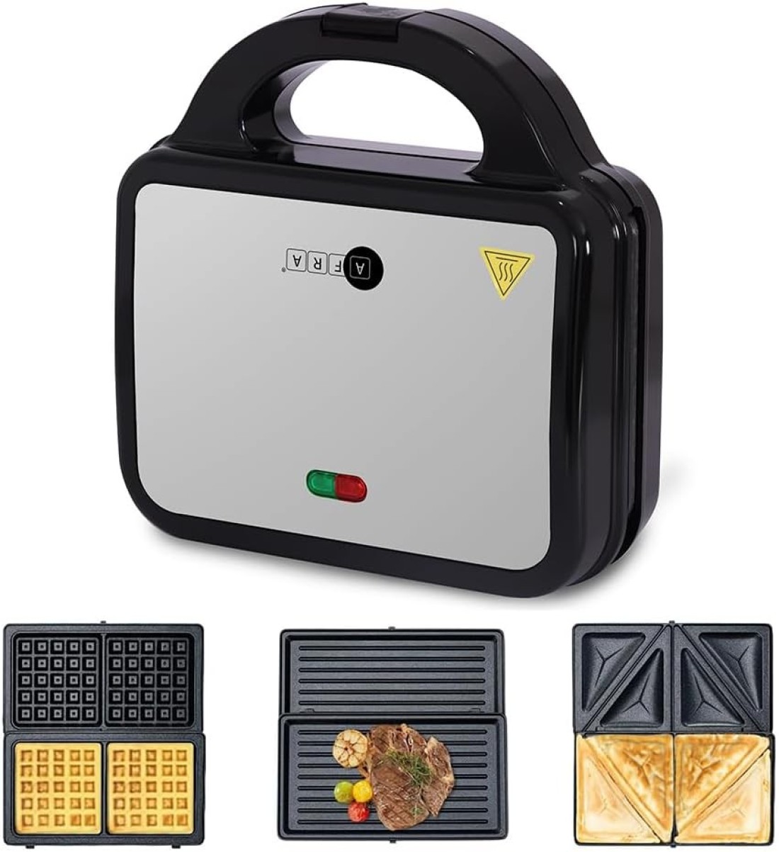 AFRA 3 In 1, 2 Slice Non-Stick Sandwich Maker, 750 Watts With Detachable Plates, Sandwich/Grill &amp; Waffel Plates, AF-8023SMSS, 2 Year Warranty