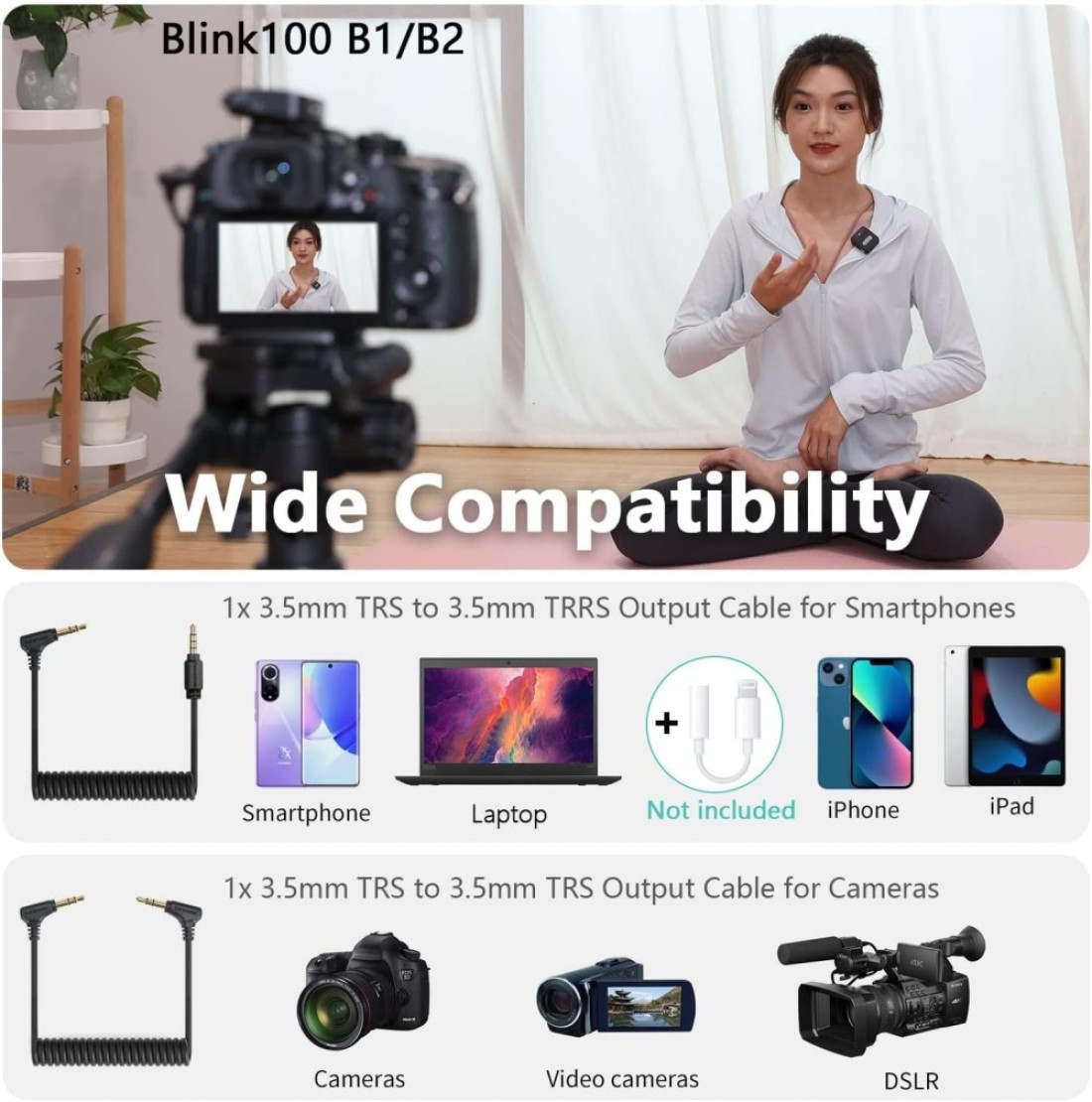 Saramonic Wireless Lavalier Microphone Blink100 B1 2.4Ghz Wireless Microphone With Transmitter &amp; Receiver For DSLR Cameras, iPhone, iPad And Android, 164Ft Range, Lapel Mic For Recording, Teaching