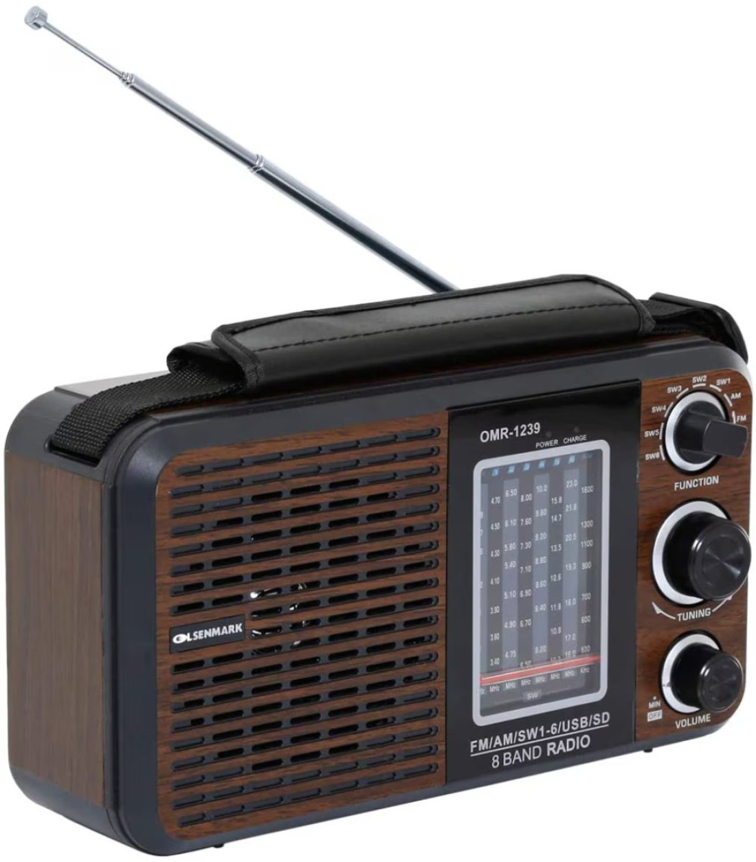 Olsenmark FM/AM/SW Radio and USB/SD/BT Music Player- OMR1239 Good Sound Quality and Low Noise Equipped with Built-In Rechargeable Battery Portable and Lightweight Design Brown, 2 Years W